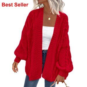 Cable Knit Open Front Chunky Cardigan Lantern Sleeve Oversized Sweater